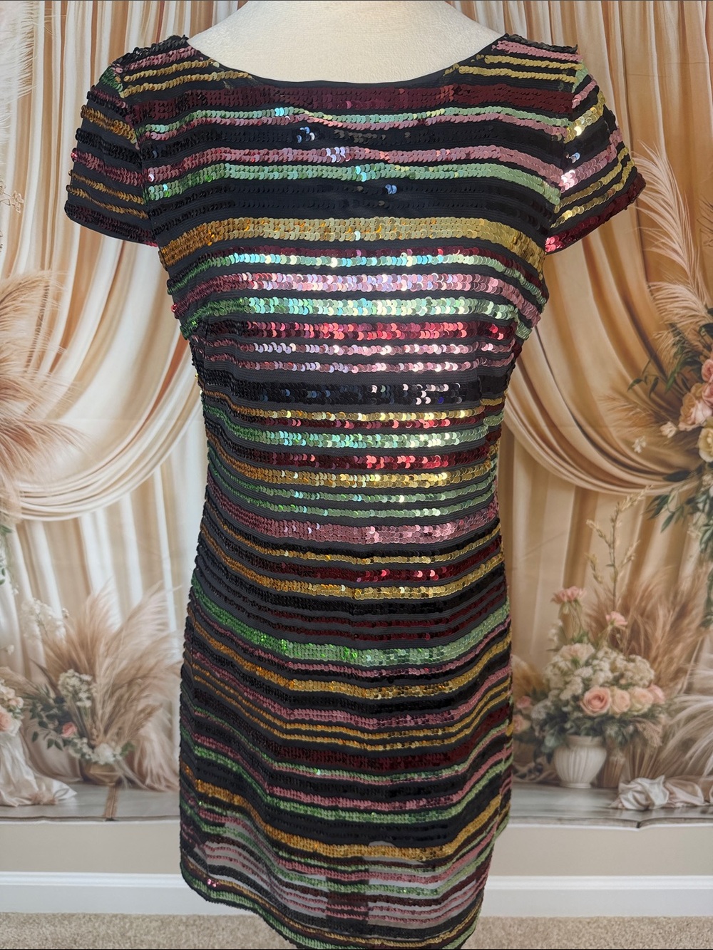 Vince Camuto Black Multicolor Striped Sequin Midi Dress